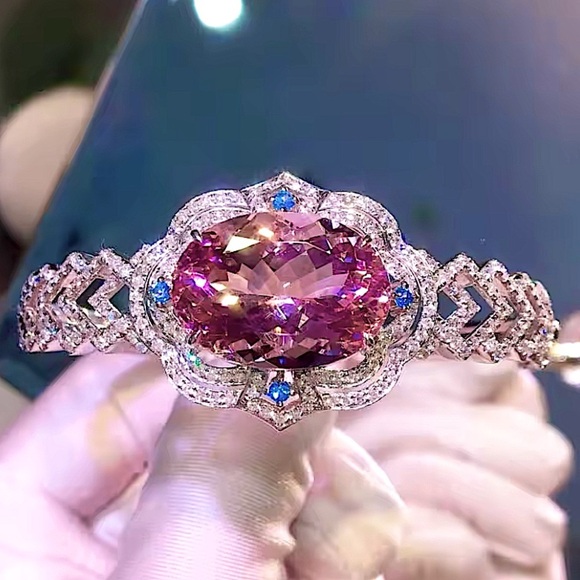 Geometric Oval Pink Morganite Stone Bracelet Bangle Cuff Bracelet Luxury Wedding - Picture 4 of 5